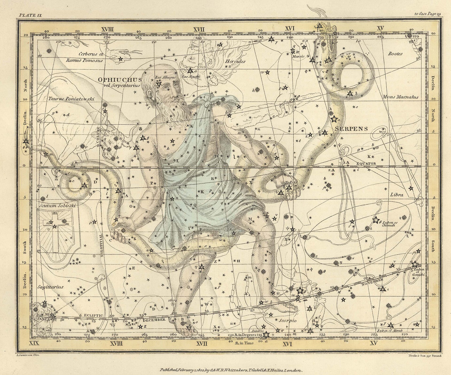 Ofiuco y la Serpiente. A. Jamieson, Celestial Atlas, 1822.